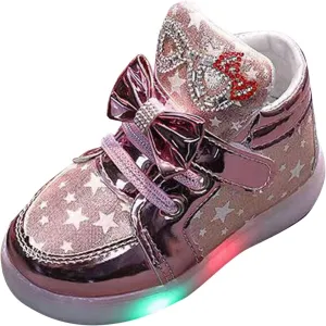 Baby Boys Girls Sequins Glitter Sneaker Bow Light Up Sport Shoes Toddler Open Toe Soft First Walking Light Fashion Shoes