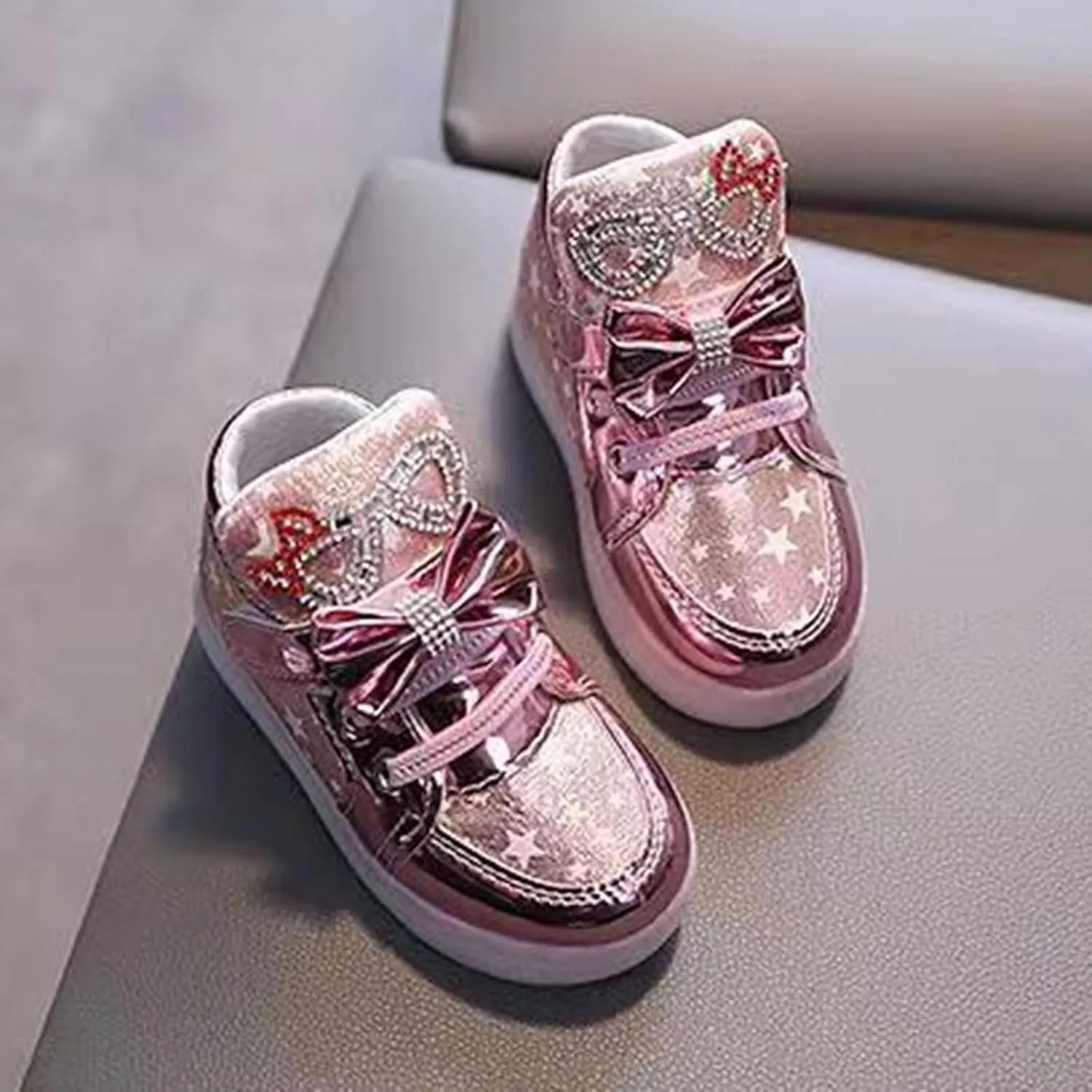 Baby Boys Girls Sequins Glitter Sneaker Bow Light Up Sport Shoes Toddler Open Toe Soft First Walking Light Fashion Shoes
