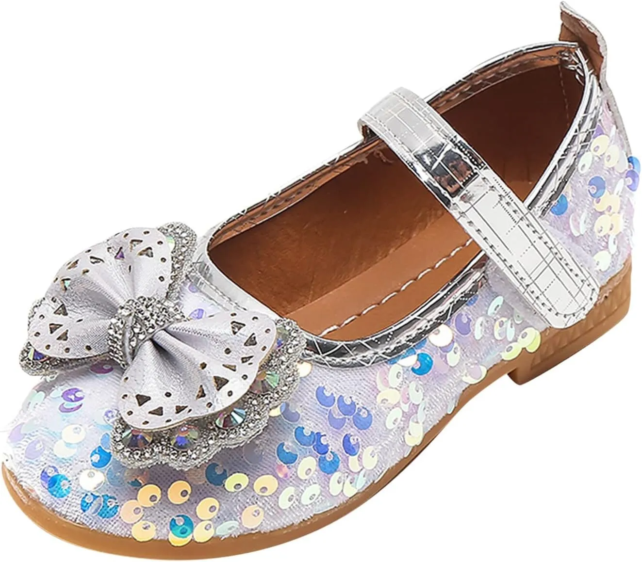 Baby Shoes Fashion Autumn Girls Casual Shoes Flat Light Breathable Hook Loop Shiny Sequins Cute Hollow Bow Shoes (Beige, 3.5-4 Years Toddler)