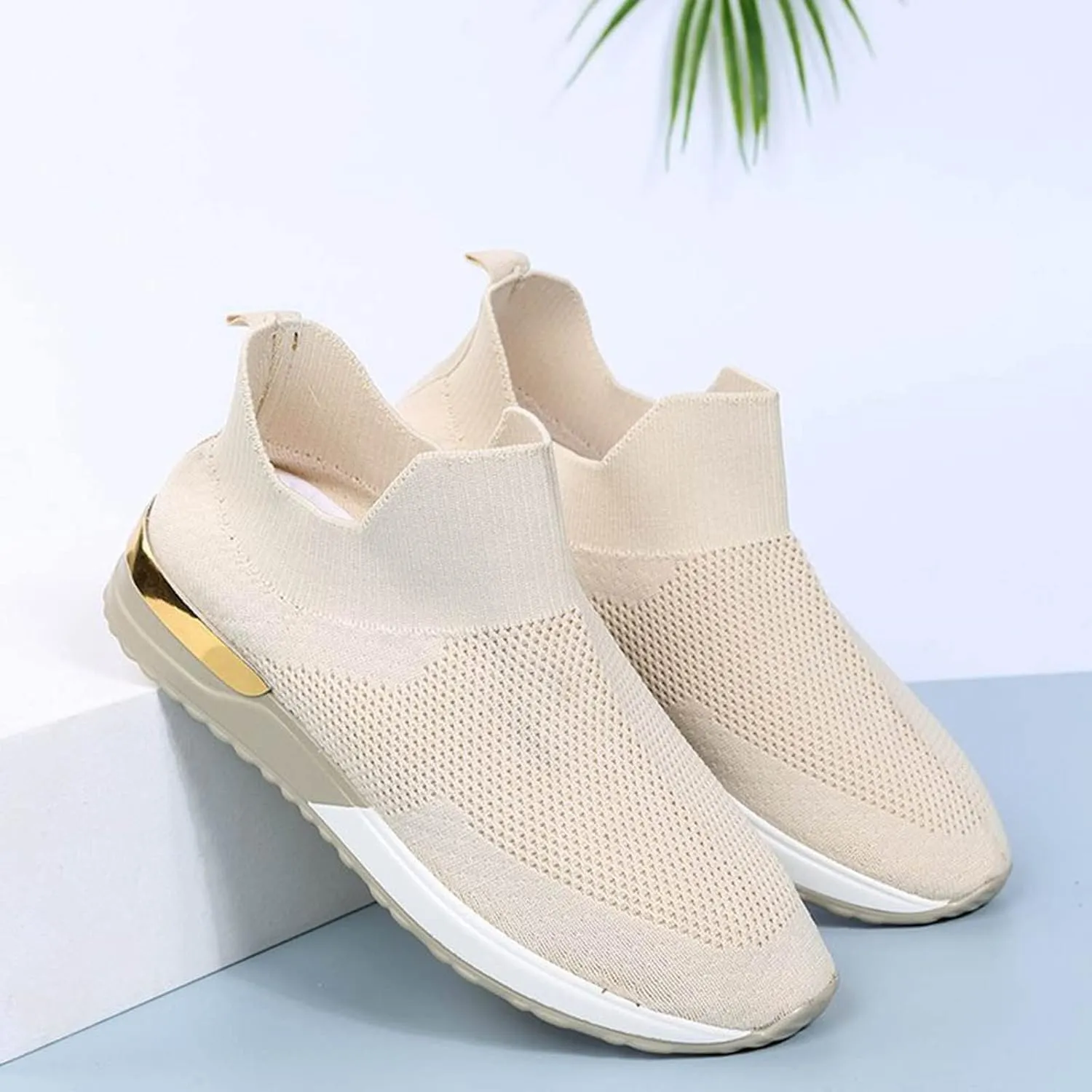 Fashion Summer Women Flat Lightweight Mesh Breathable Elastic Wide Running Shoes
