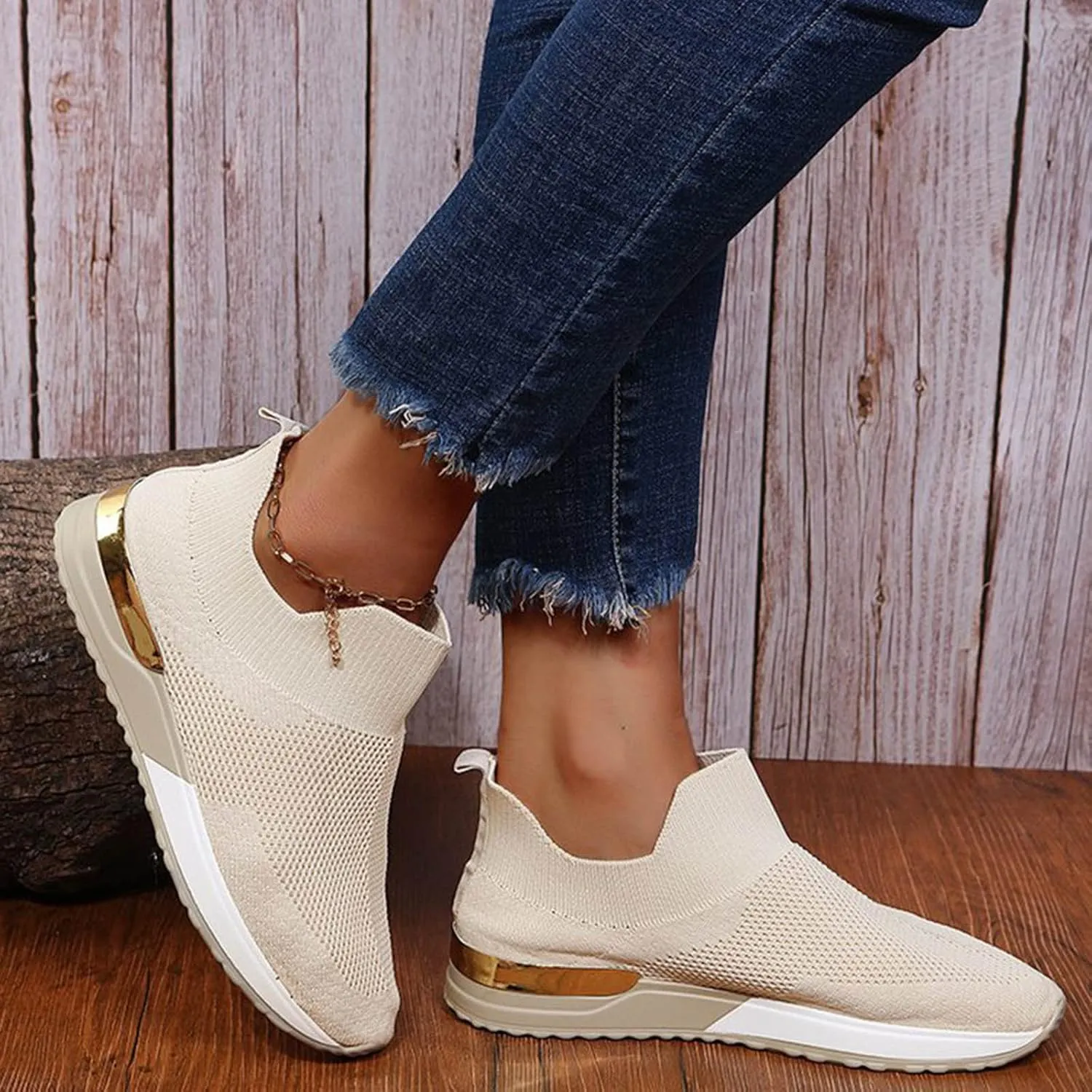 Fashion Summer Women Flat Lightweight Mesh Breathable Elastic Wide Running Shoes