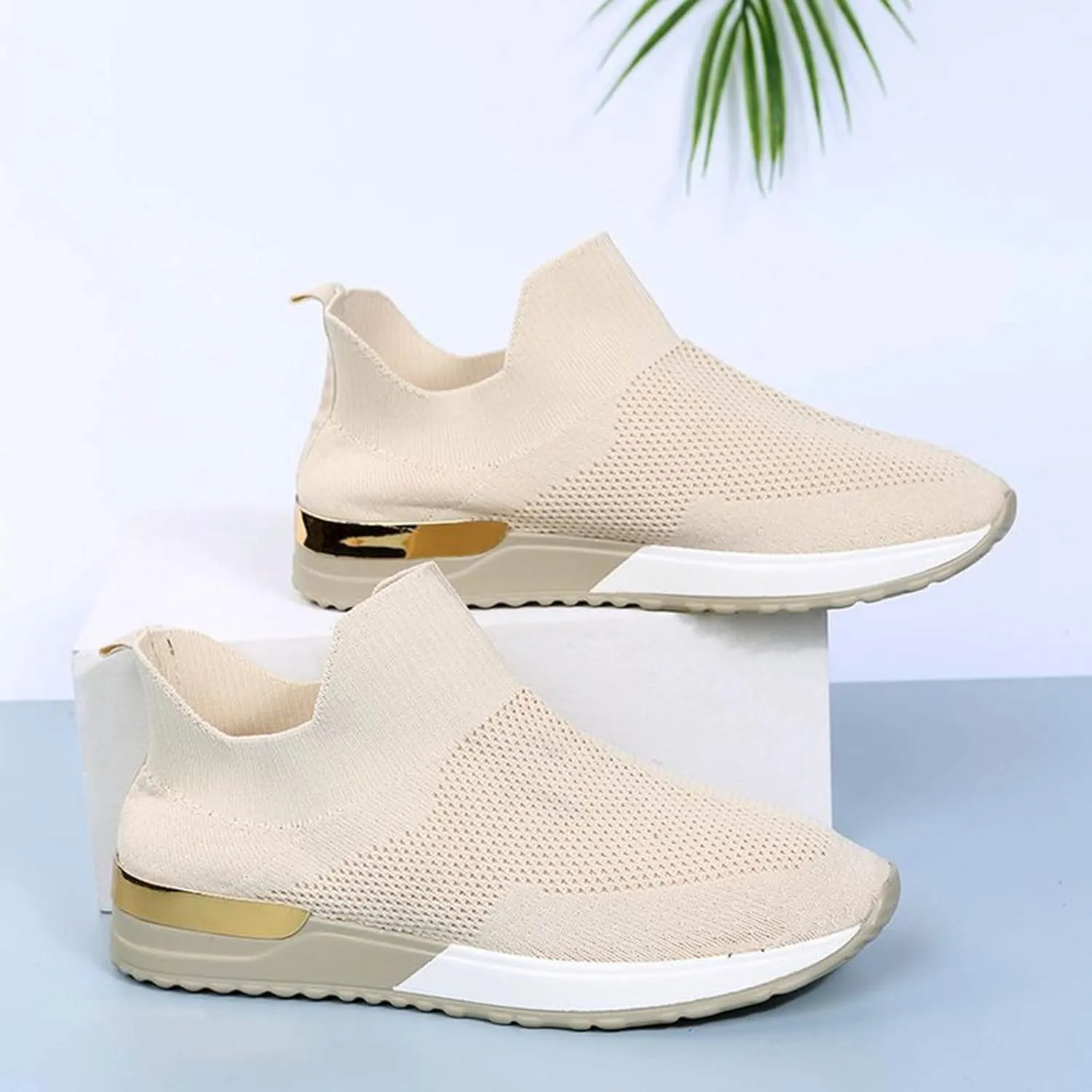 Fashion Summer Women Flat Lightweight Mesh Breathable Elastic Wide Running Shoes