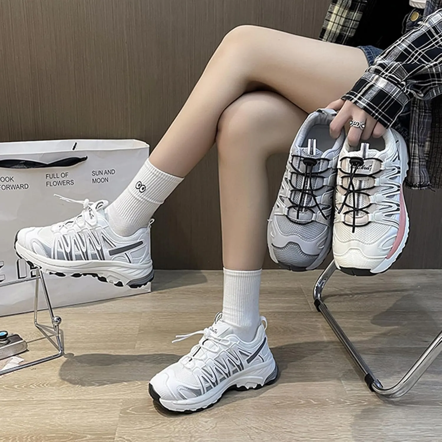 Fashionable Women's Chunky Sneakers, Breathable Increase Height Casual Trainers Lace-up Running Shoes, Spring Autumn Mesh Sneakers