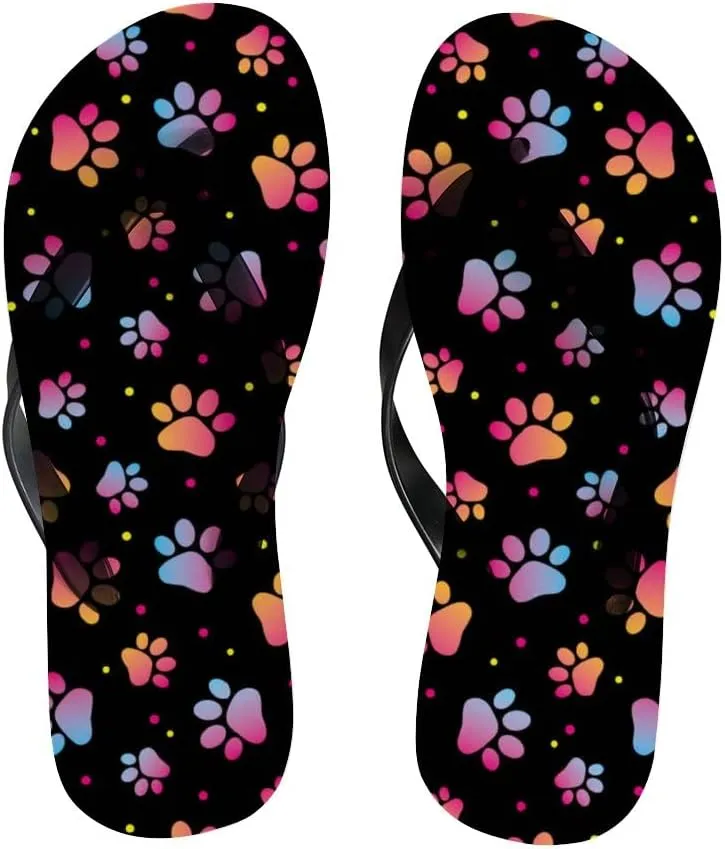 Flip Flops for Women Girls Colorful Paw Animal Footprint Summer Casual Thong Slippers Slide Flat Sandals for Beach
