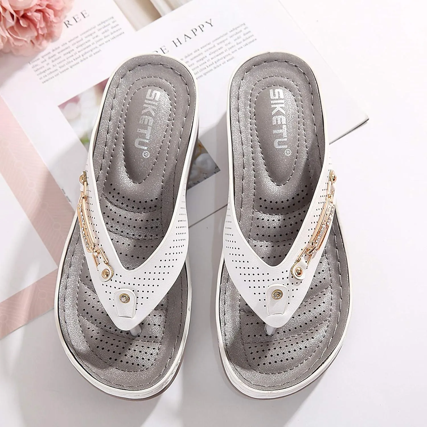 Flip Flops for Women with Arch Support Hollow Slippers Women Crystal Wedge Slip On Summers Vintage Shoes Flops Flip Out