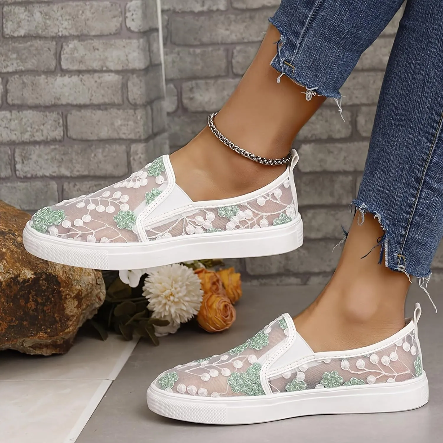 Floral Embroidery Sneakers Breathable Sheer Mesh Sneakers Lightweight Lace Mesh Casual Shoes Fashion Sneakers for Women 2024 Shoes Arch Support Comfortable Sneakers Dressy Walking Sneakers