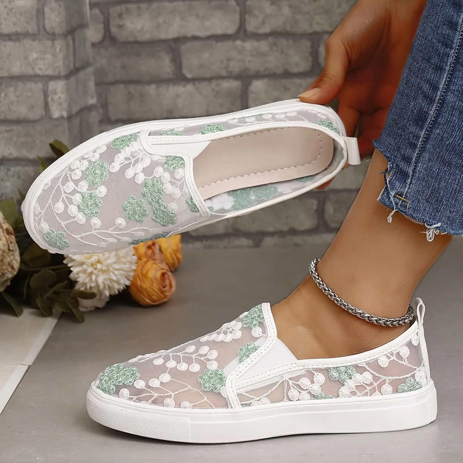 Floral Embroidery Sneakers Breathable Sheer Mesh Sneakers Lightweight Lace Mesh Casual Shoes Fashion Sneakers for Women 2024 Shoes Arch Support Comfortable Sneakers Dressy Walking Sneakers