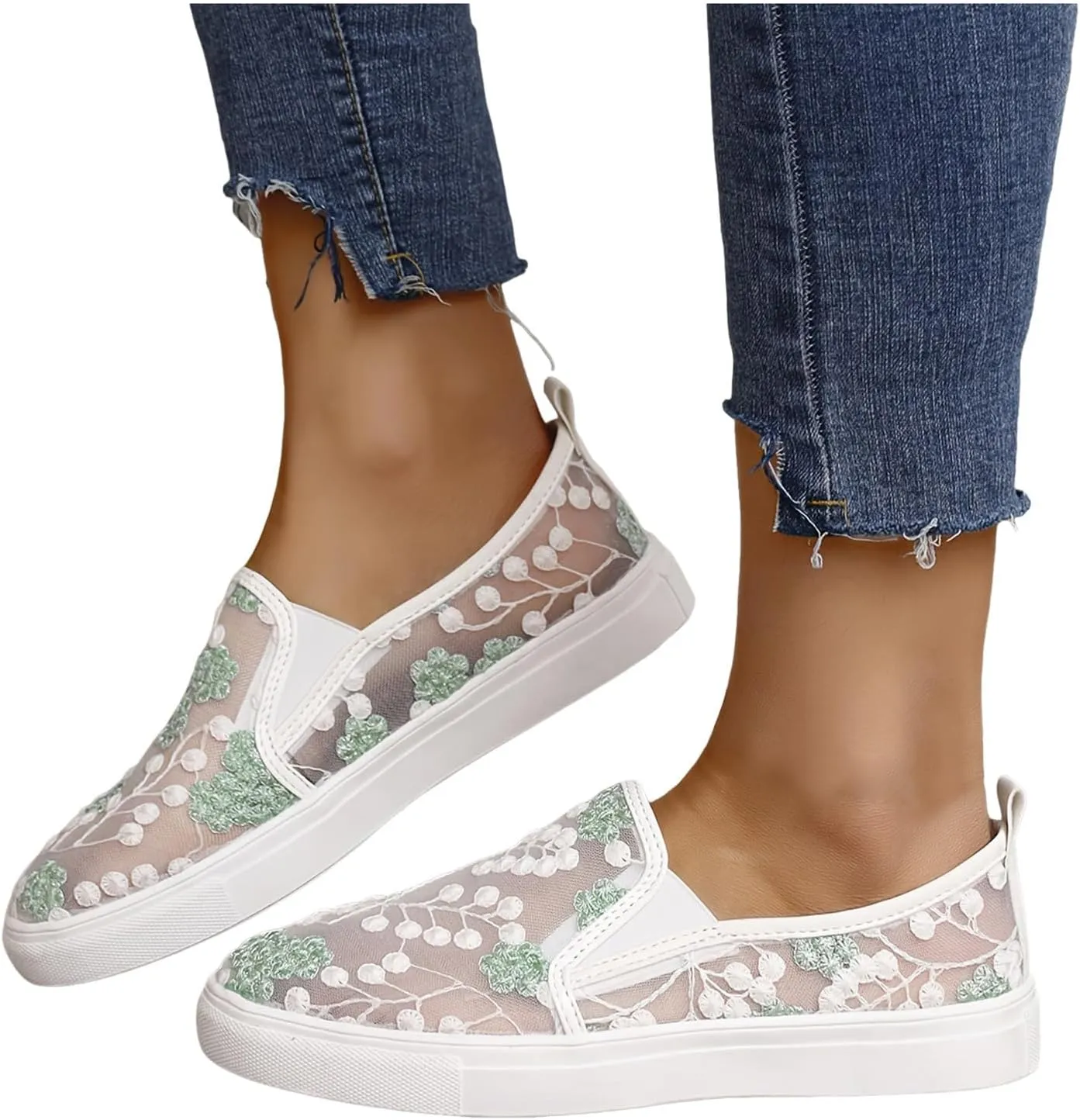 Floral Embroidery Sneakers Breathable Sheer Mesh Sneakers Lightweight Lace Mesh Casual Shoes Fashion Sneakers for Women 2024 Shoes Arch Support Comfortable Sneakers Dressy Walking Sneakers