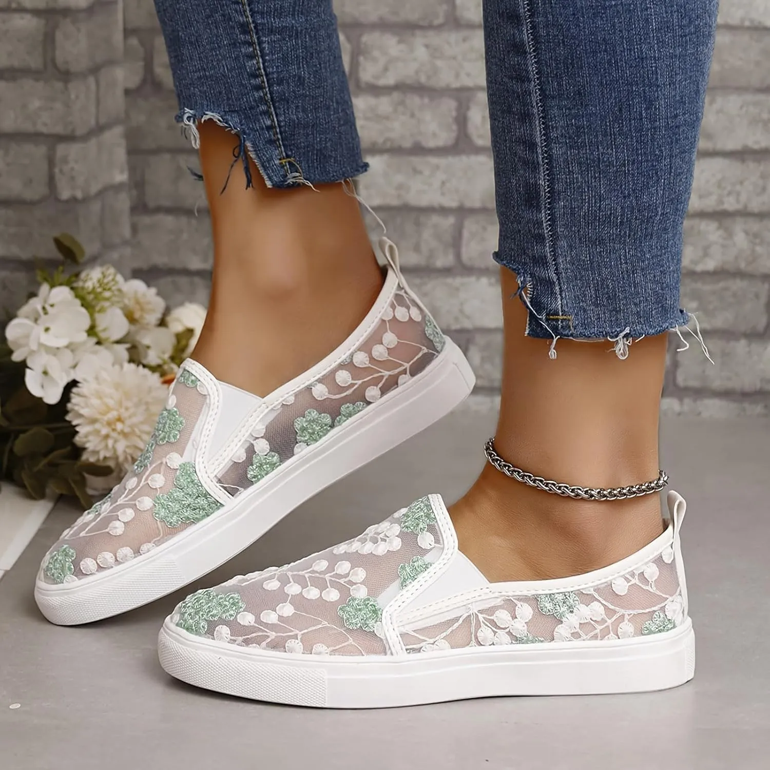 Floral Embroidery Sneakers Breathable Sheer Mesh Sneakers Lightweight Lace Mesh Casual Shoes Fashion Sneakers for Women 2024 Shoes Arch Support Comfortable Sneakers Dressy Walking Sneakers