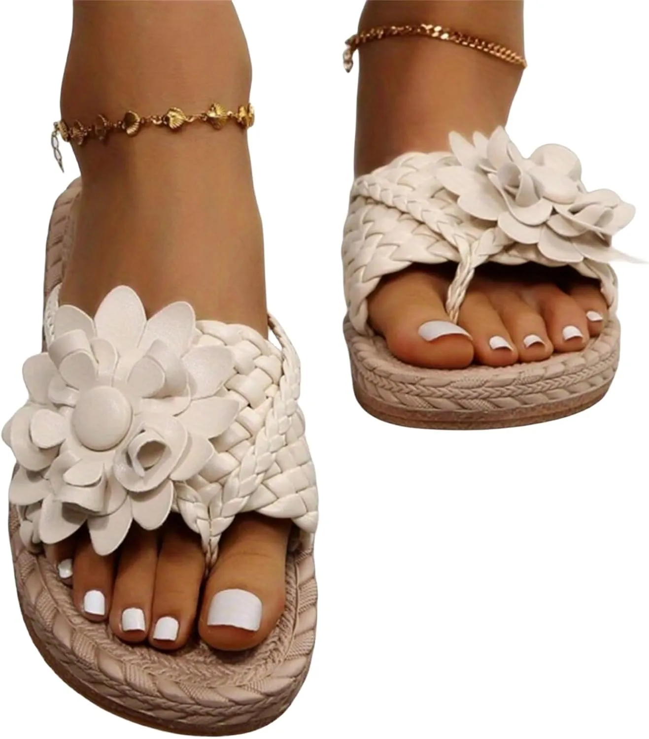 Flower Sandals for Women Summer Comfy Ankle Strap Flat Sandals Open Toe Slip On Flats Espadrille Slippers Beach Shoes