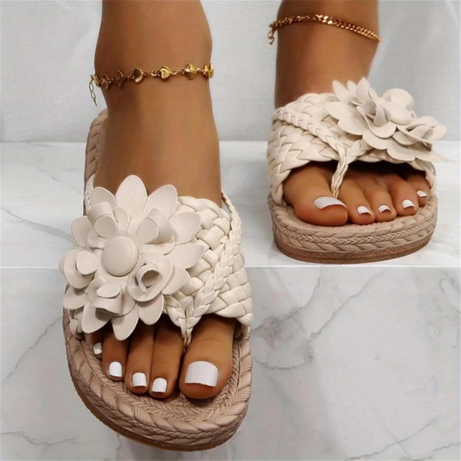 Flower Sandals for Women Summer Comfy Ankle Strap Flat Sandals Open Toe Slip On Flats Espadrille Slippers Beach Shoes