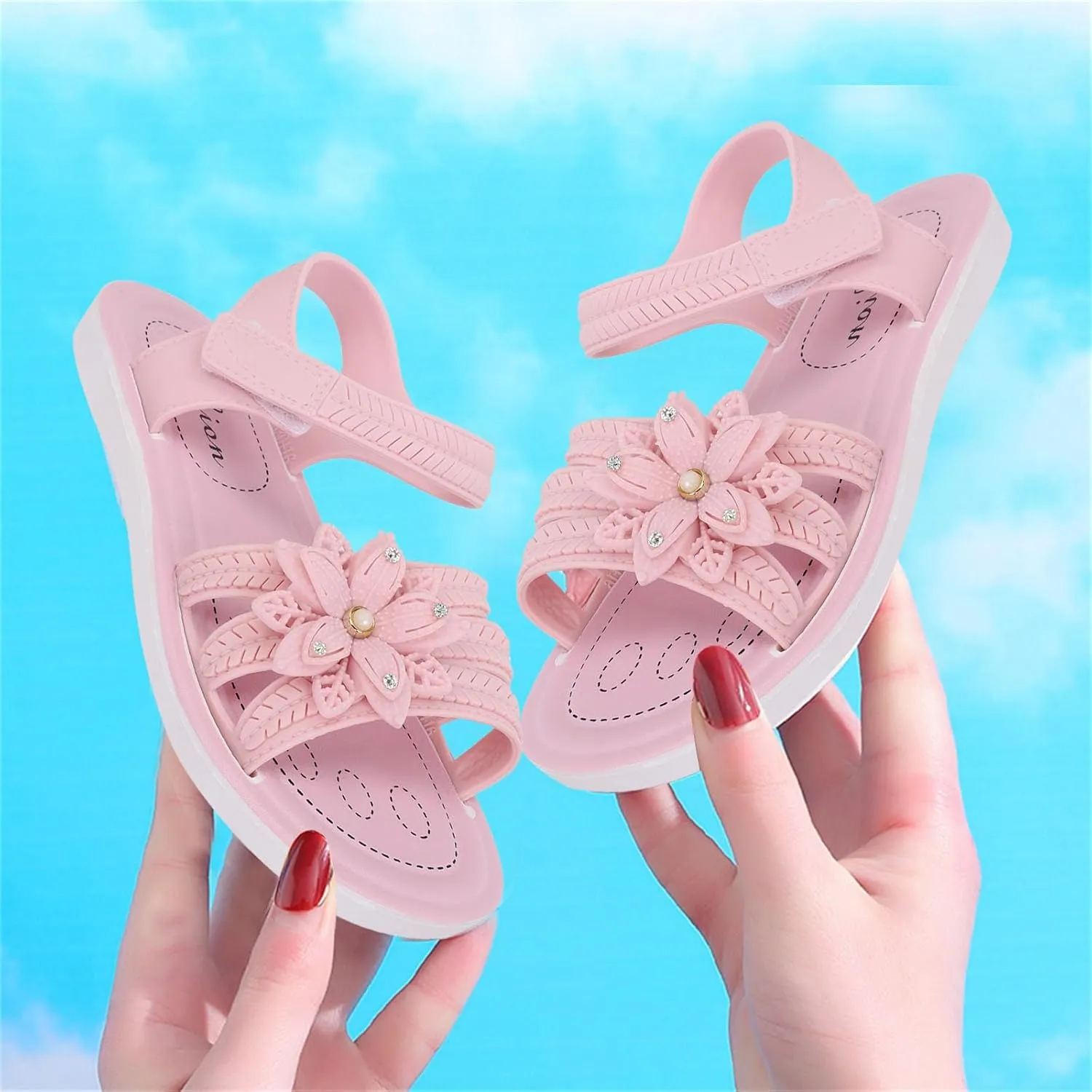 Girls Kids Flower Princess Sandals Rubber Open Toe Flat Shoes Toddler Light Strap Wide Loafers Summer Outdoor Trendy