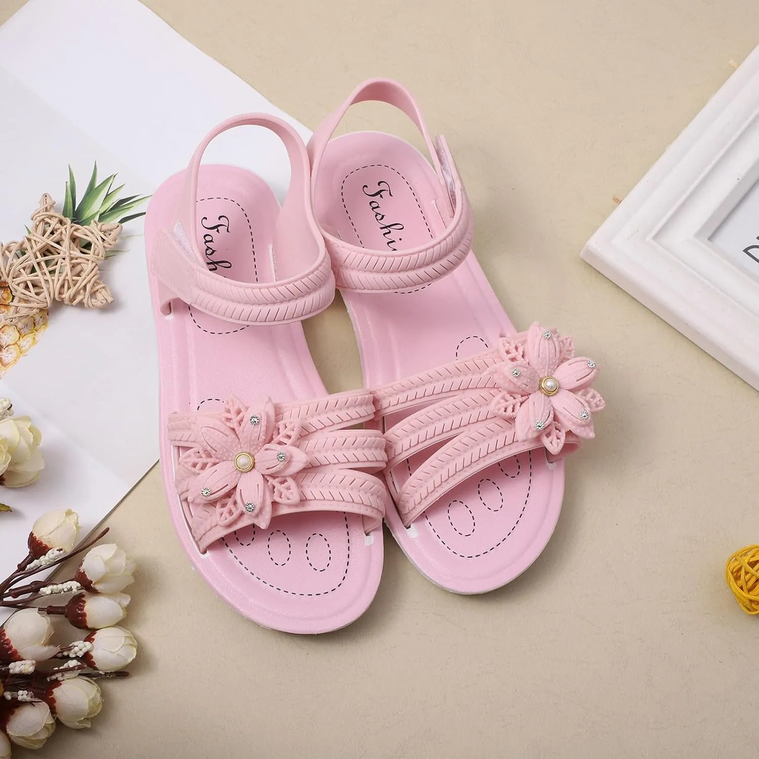 Girls Kids Flower Princess Sandals Rubber Open Toe Flat Shoes Toddler Light Strap Wide Loafers Summer Outdoor Trendy