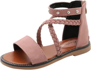 Girls Kids Leather Gl𝐚diator Sandals Ankle Open Toe X-Strap Flat Shoes Summer Casual Rubber Sole Non Slip Shoes Comfy