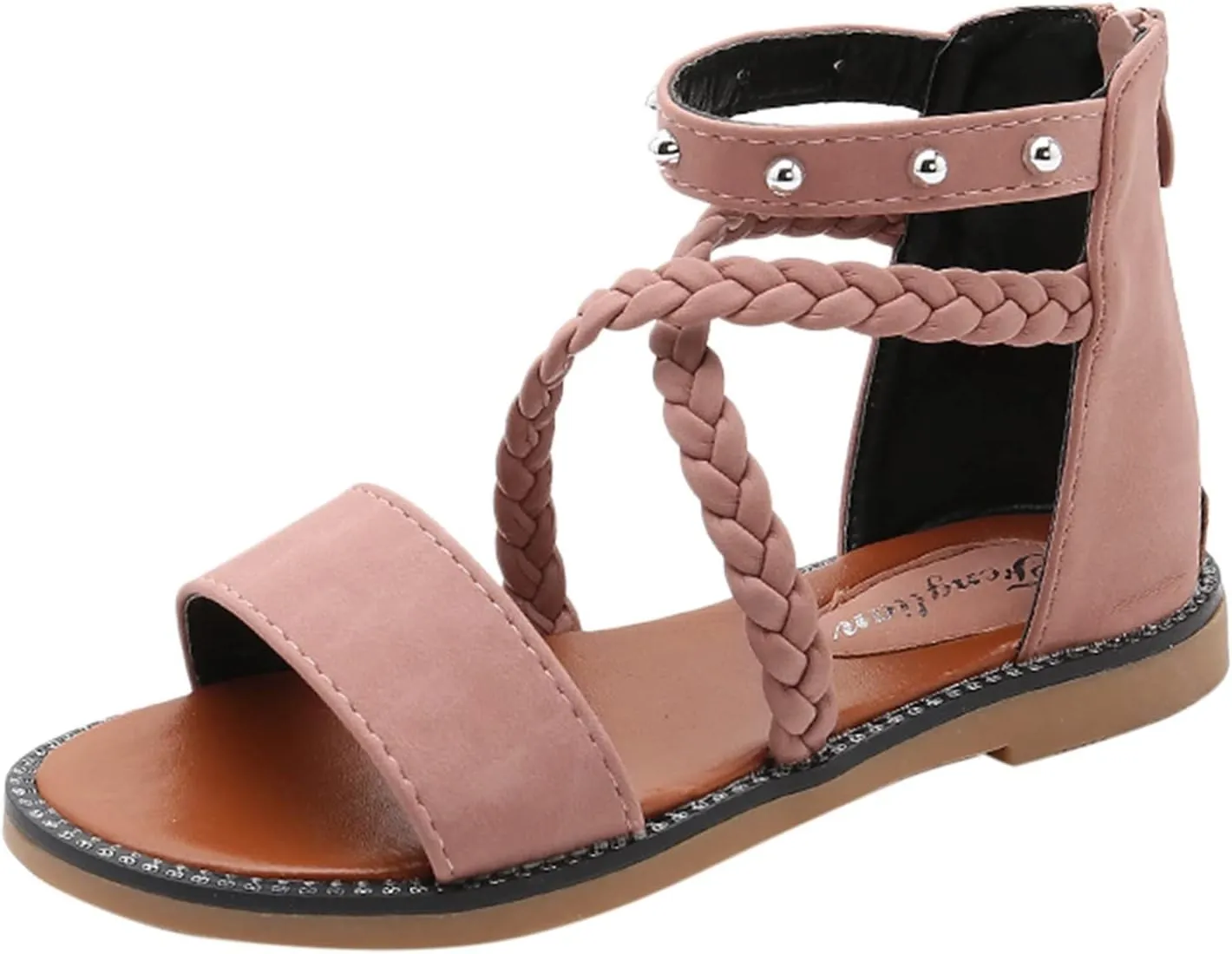 Girls Kids Leather Gl𝐚diator Sandals Ankle Open Toe X-Strap Flat Shoes Summer Casual Rubber Sole Non Slip Shoes Comfy