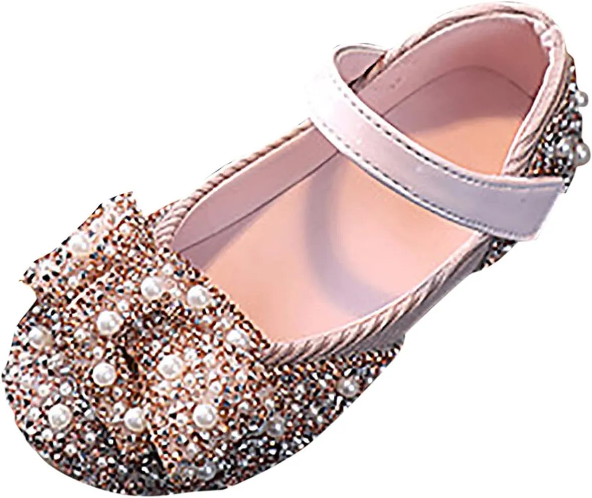 Girls Kids Pearl Leather Bow Dress Sandals Strap Dance Non Slip Ankle Shoes Toddler Closed Toe Light Loafers