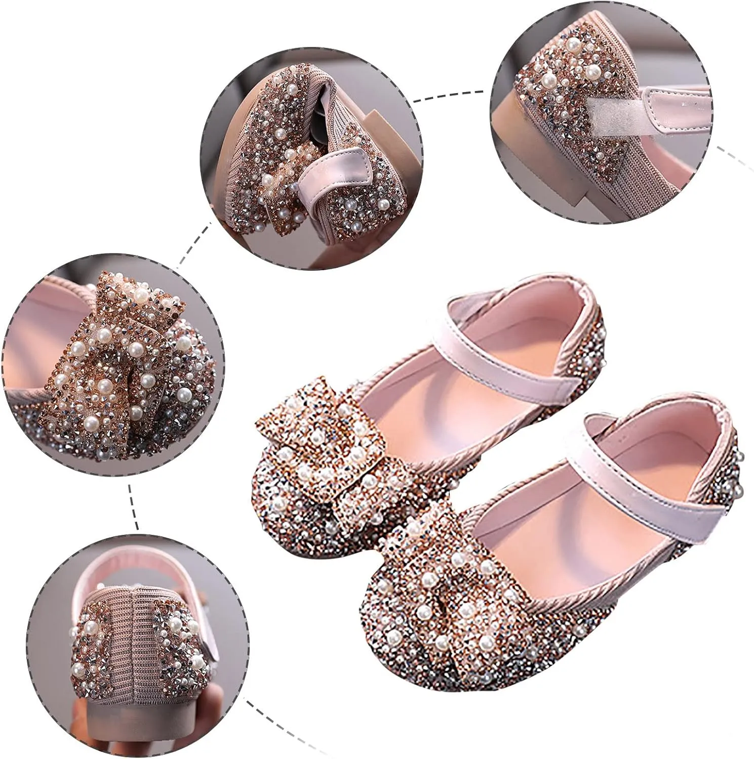 Girls Kids Pearl Leather Bow Dress Sandals Strap Dance Non Slip Ankle Shoes Toddler Closed Toe Light Loafers