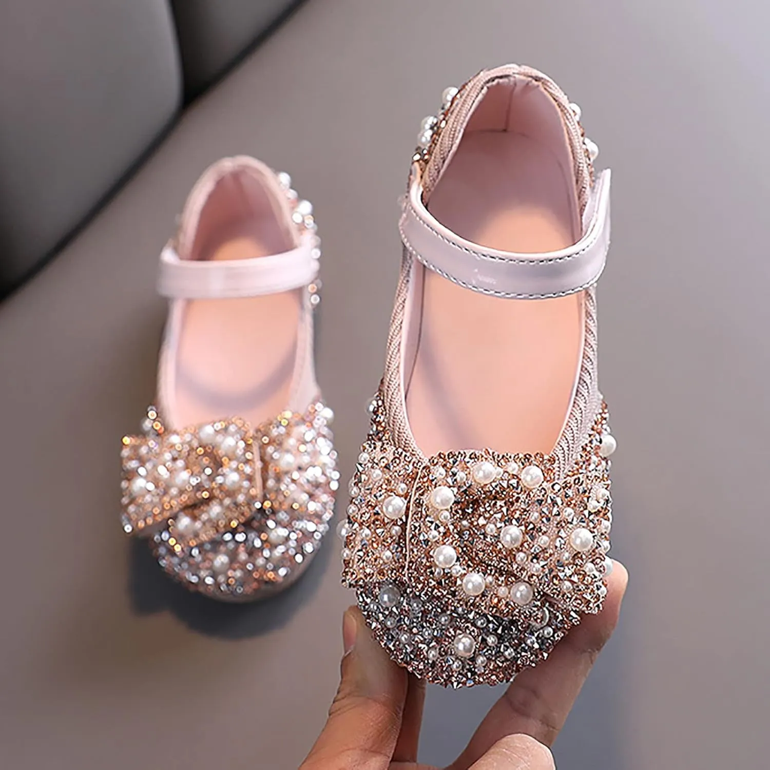 Girls Kids Pearl Leather Bow Dress Sandals Strap Dance Non Slip Ankle Shoes Toddler Closed Toe Light Loafers