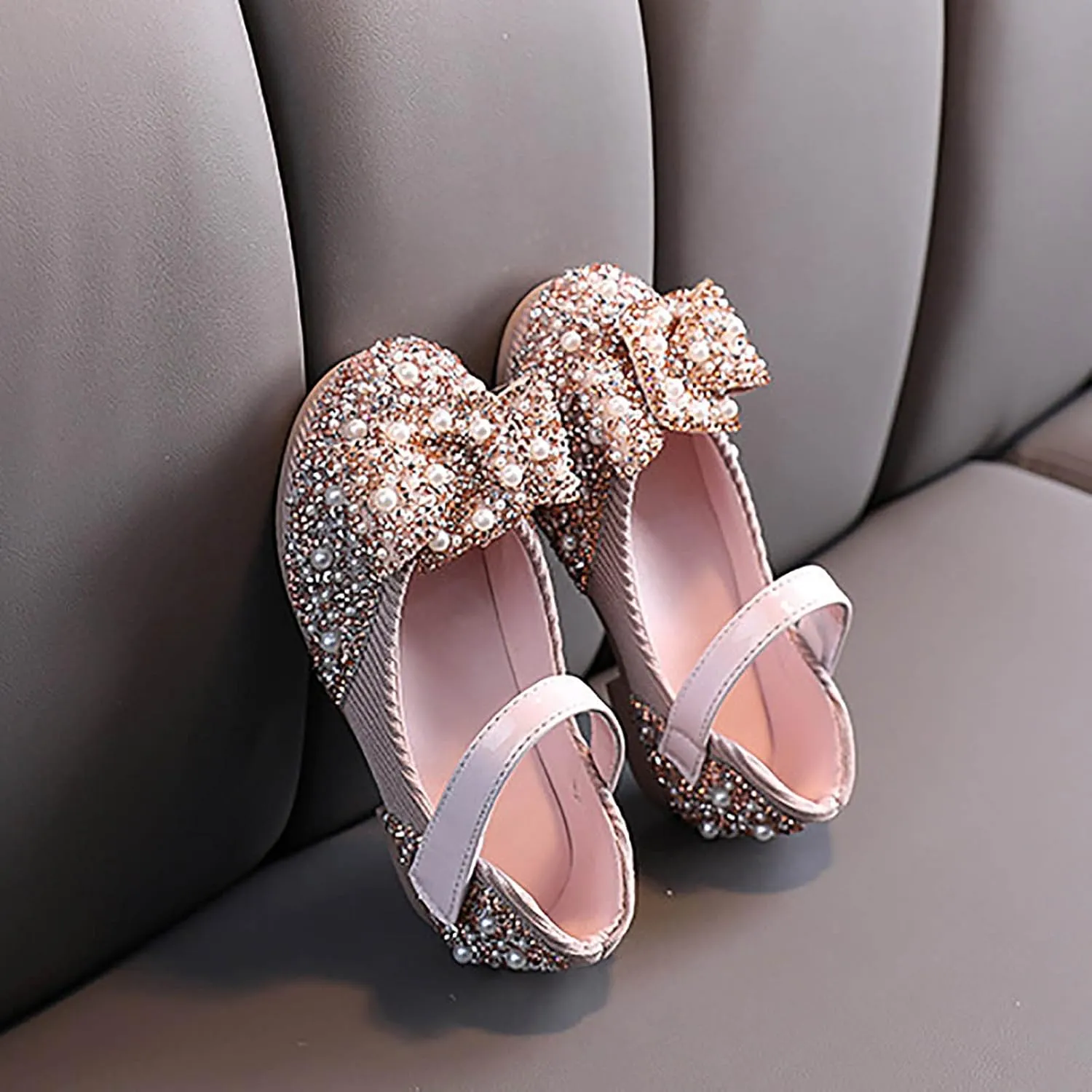 Girls Kids Pearl Leather Bow Dress Sandals Strap Dance Non Slip Ankle Shoes Toddler Closed Toe Light Loafers