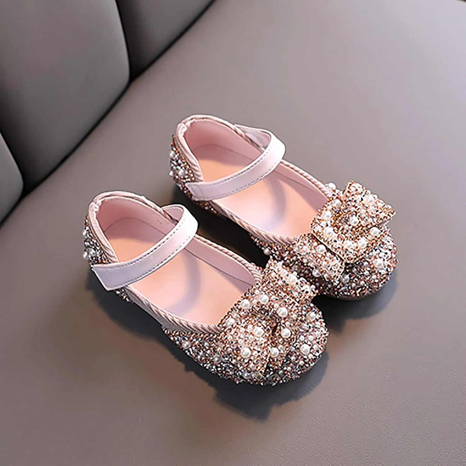Girls Kids Pearl Leather Bow Dress Sandals Strap Dance Non Slip Ankle Shoes Toddler Closed Toe Light Loafers