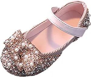 Girls Kids Pearl Leather Bow Dress Sandals Strap Dance Non Slip Ankle Shoes Toddler Closed Toe Light Loafers