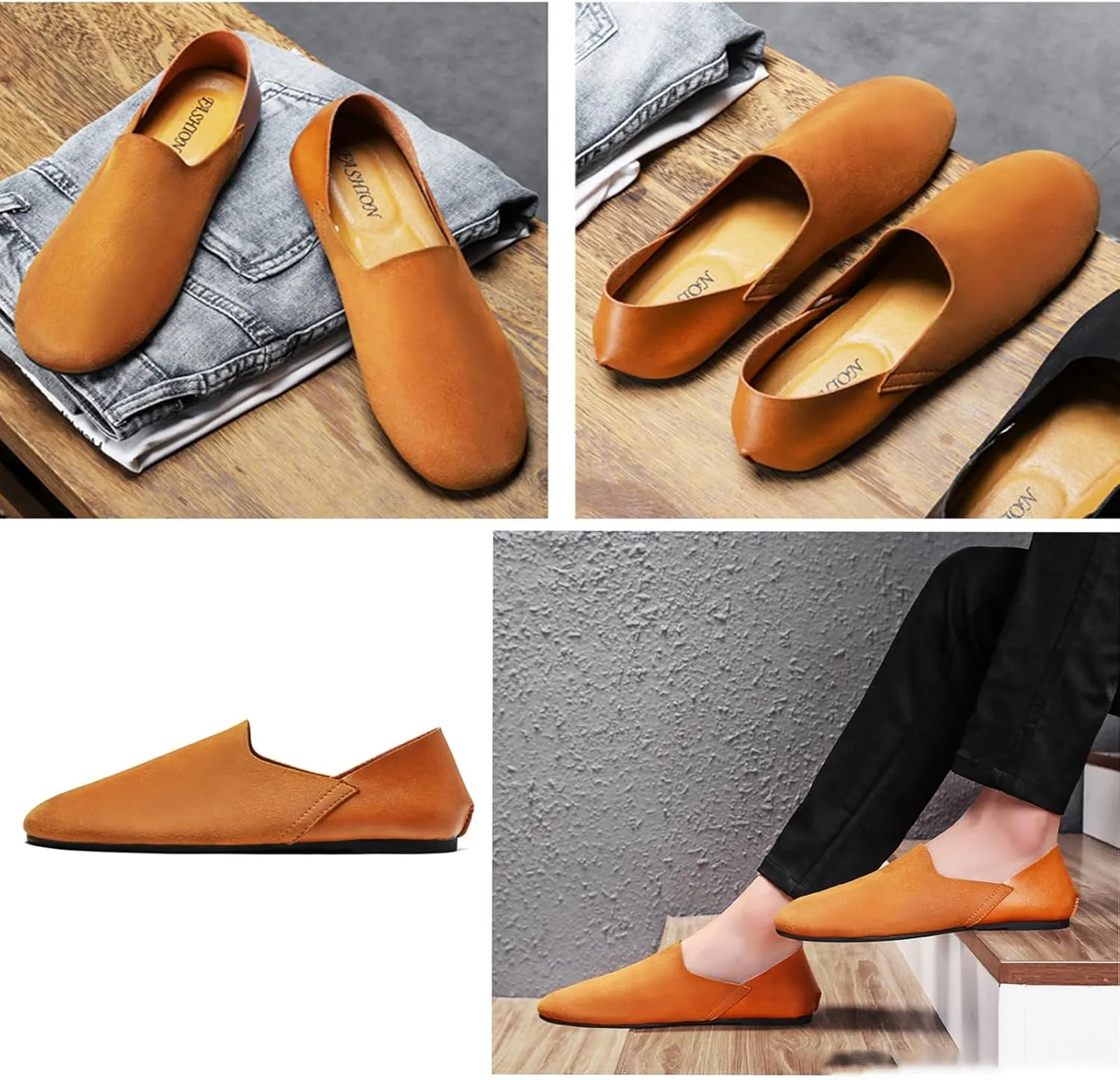 Helenbra Men's Soft Leather Slip On Flat Loafer,Fashion Closed Toe Handmade Stitching Extra Soft Comfort Walking Driving Shoes Casual Flats
