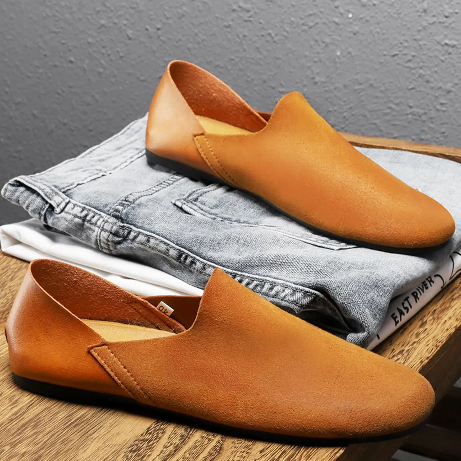 Helenbra Men's Soft Leather Slip On Flat Loafer,Fashion Closed Toe Handmade Stitching Extra Soft Comfort Walking Driving Shoes Casual Flats