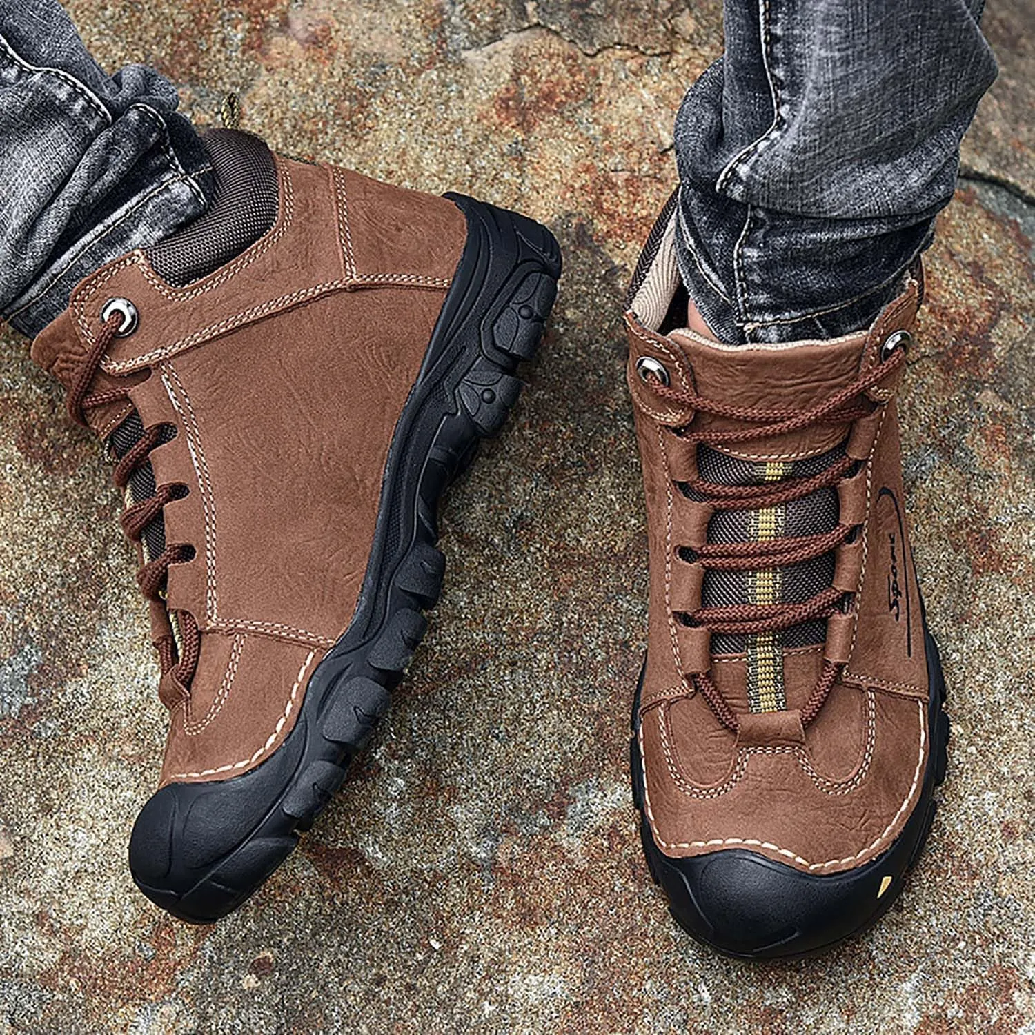HESBITEUL Unisex Hiking Leather Boots Non-Slip Breathable Chukka with Fur Lining