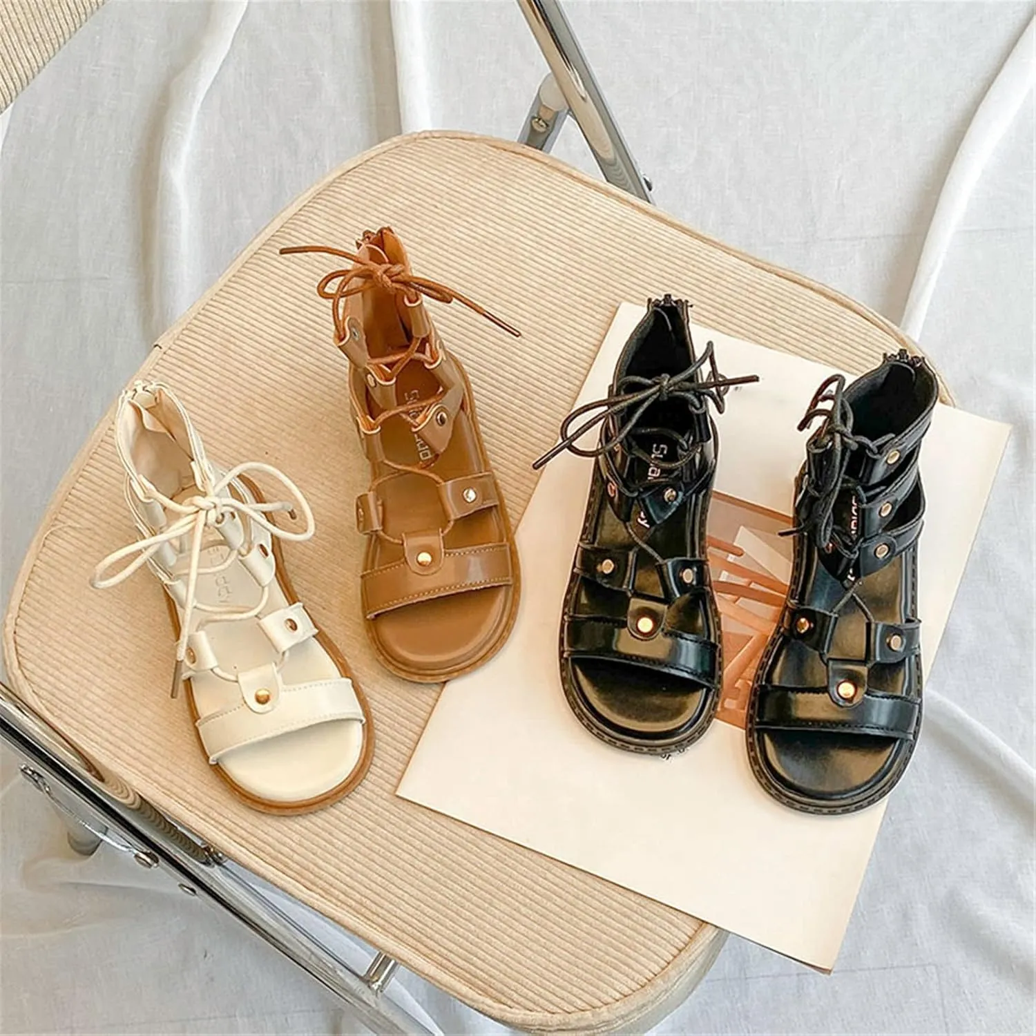 Kids Girls Sandals Zipper Design Casual Adjustable Rope Straps Light Weight Summer Little Kids Dress Sandals Girls