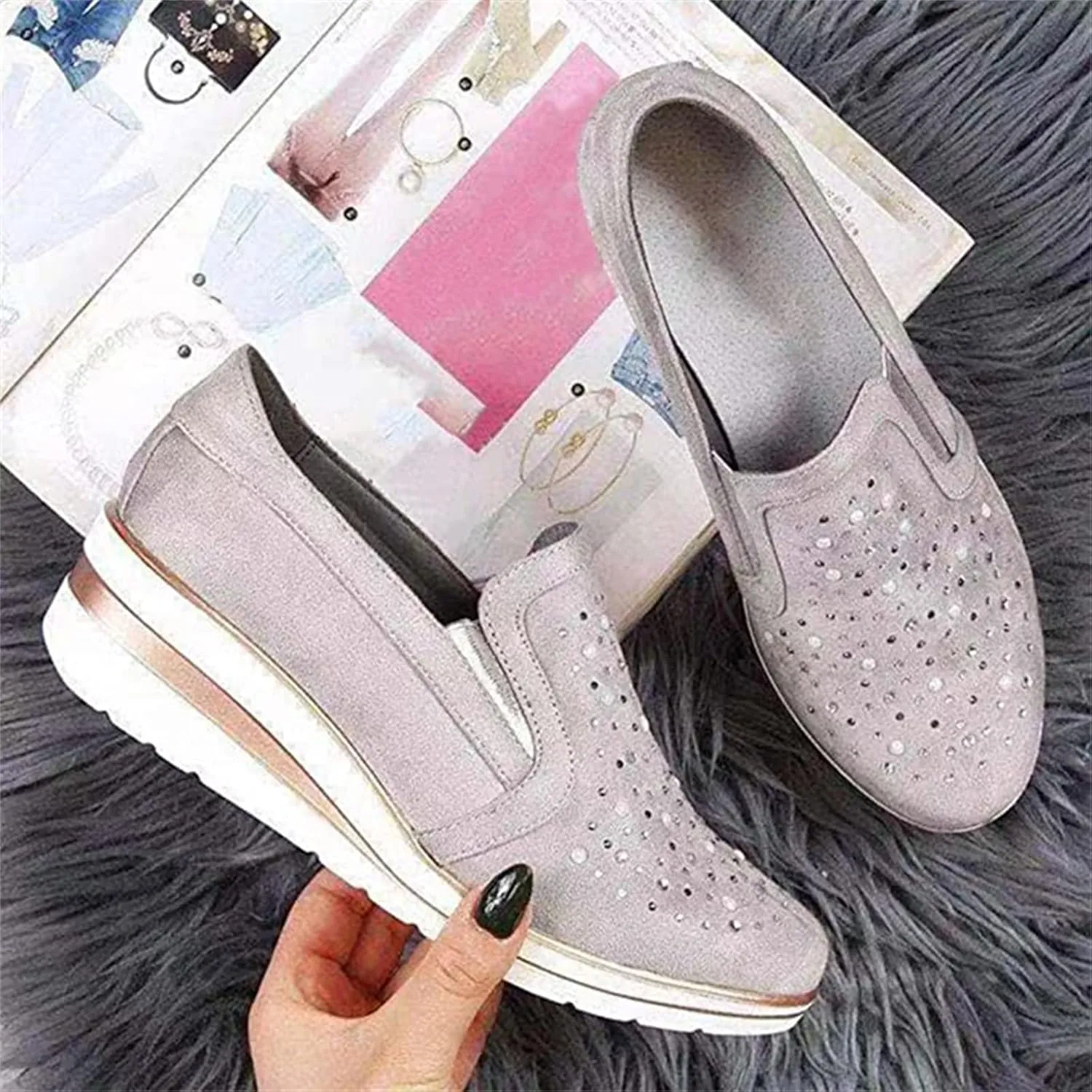 Ladmiple Sneakers For Women Walking Shoes Wide Width Slip On Sparkly Shoes Dressy Casual Summer Glitter Flats Loafers