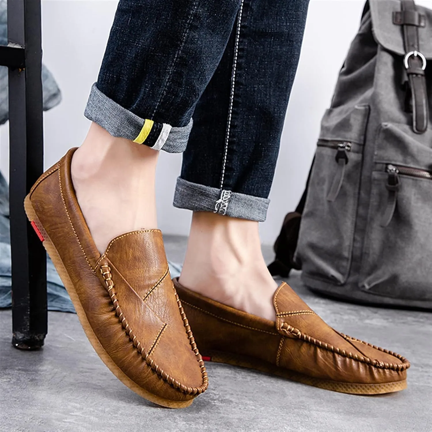 Loafers for Men Vegan Leather Stitching Details Round Toe Comfortable Anti-Slip Flat Heel Walking Slip-ons