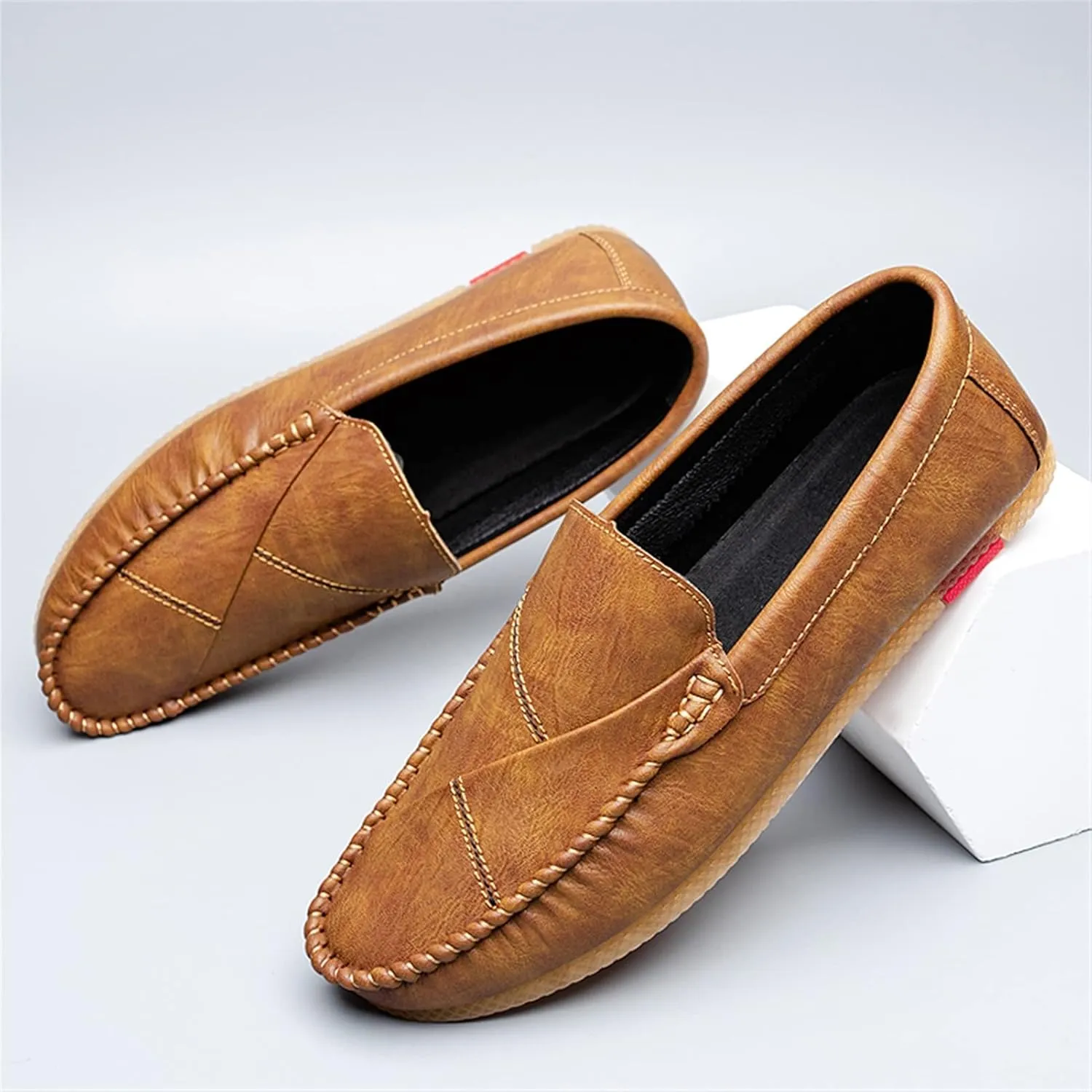 Loafers for Men Vegan Leather Stitching Details Round Toe Comfortable Anti-Slip Flat Heel Walking Slip-ons