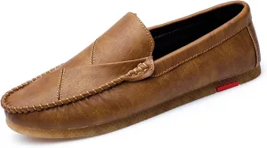 Loafers for Men Vegan Leather Stitching Details Round Toe Comfortable Anti-Slip Flat Heel Walking Slip-ons