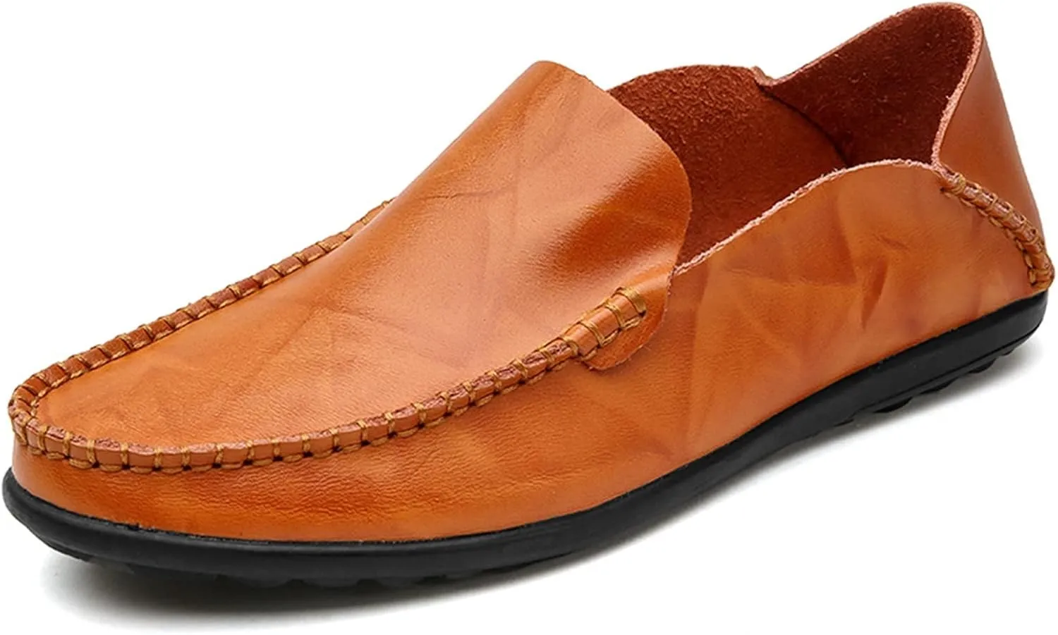 Mens Loafers Genuine Leather Round Toe Stitching Details Slip Resistant Comfortable Lightweight Walking Slip-ons