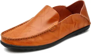 Mens Loafers Genuine Leather Round Toe Stitching Details Slip Resistant Comfortable Lightweight Walking Slip-ons