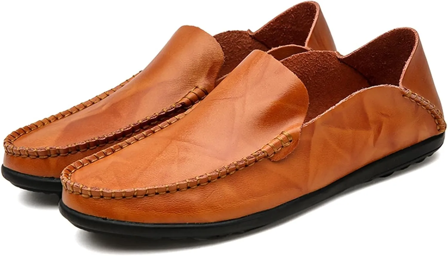 Mens Loafers Genuine Leather Round Toe Stitching Details Slip Resistant Comfortable Lightweight Walking Slip-ons