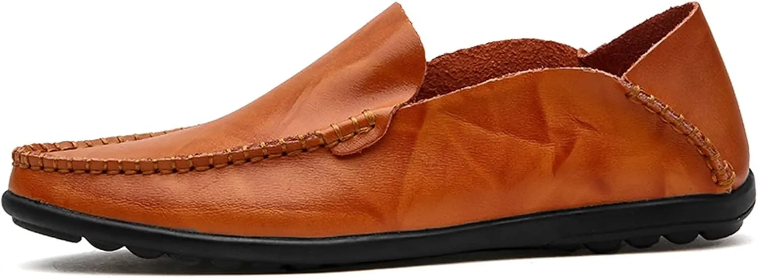 Mens Loafers Genuine Leather Round Toe Stitching Details Slip Resistant Comfortable Lightweight Walking Slip-ons