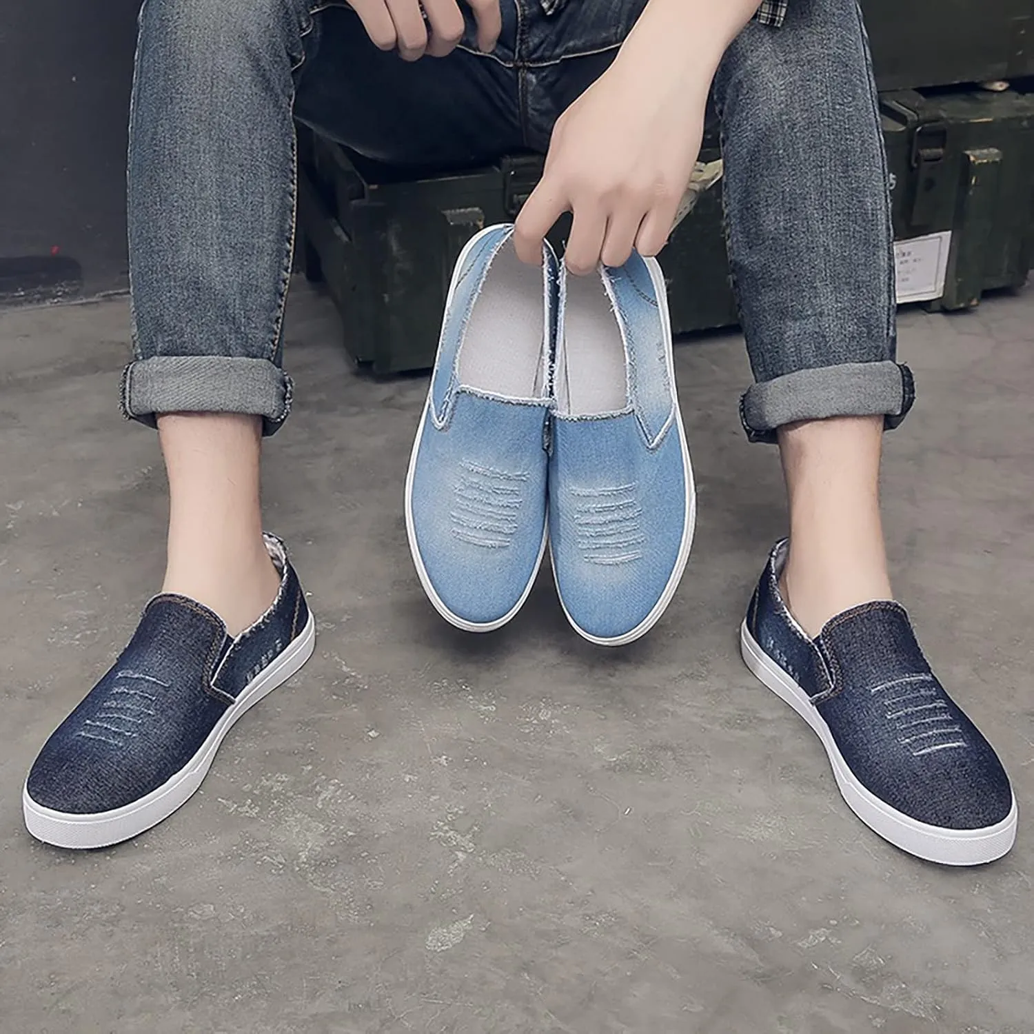 Men's New Spring and Fisherman's Shoes Canvas Thick Soled Denim Slip On Man Casual Shoes Leather