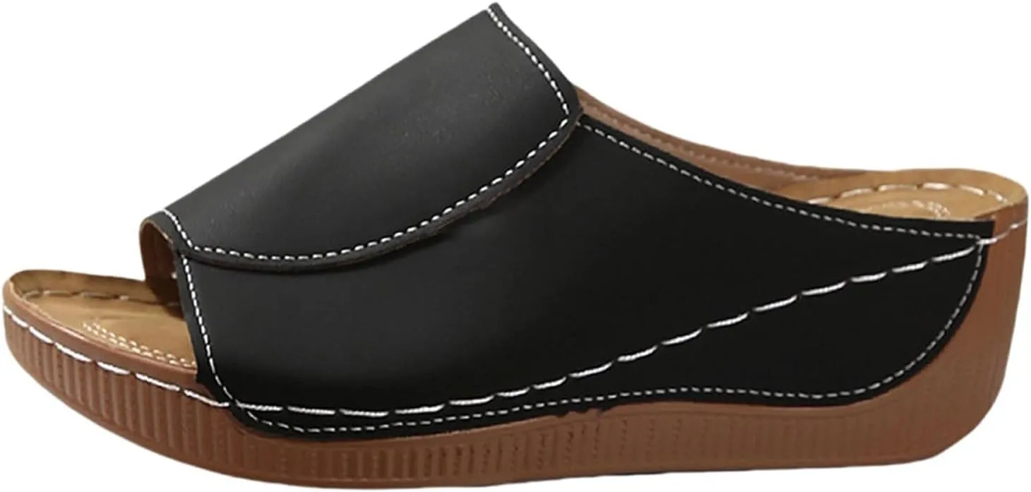 Orthopedic Sandals for Women Arch Support Comfortable Open Toe Leather Slippers Wedge Platform Sandal Wide Width Summer Slip On Shoes