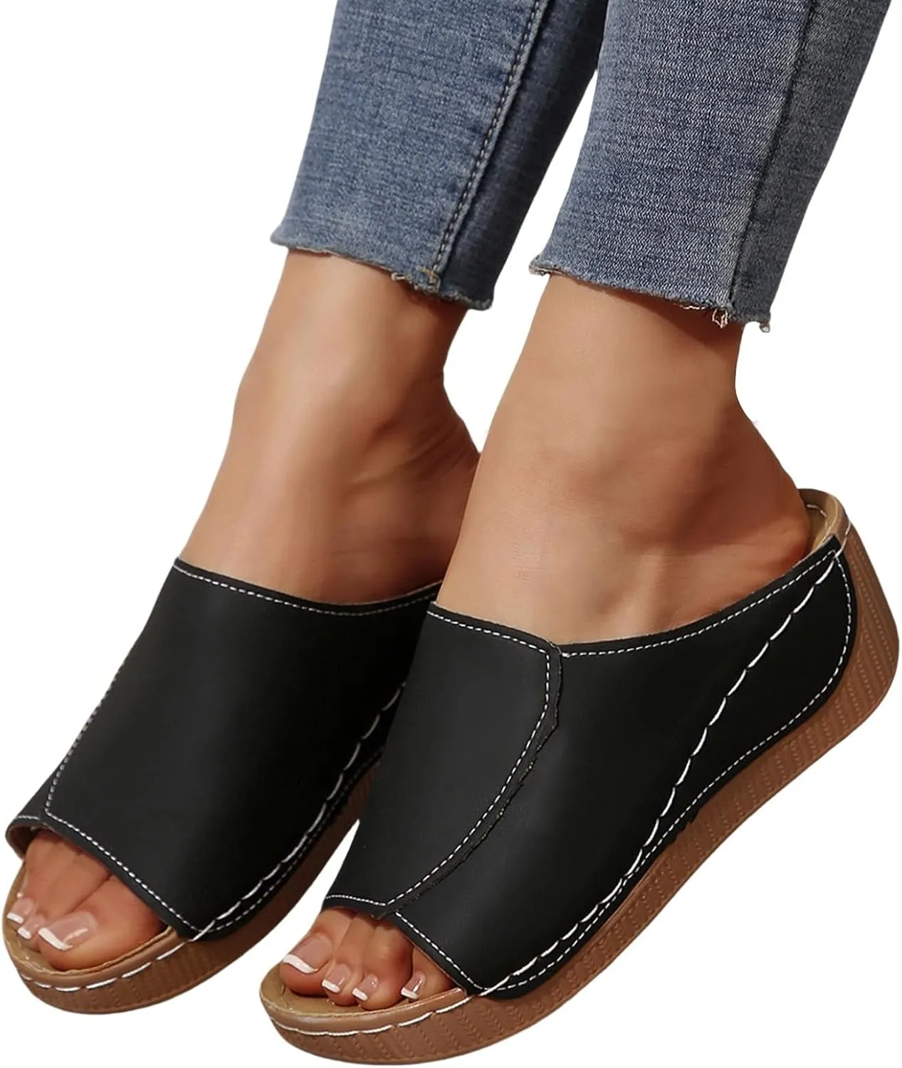 Orthopedic Sandals for Women Arch Support Comfortable Open Toe Leather Slippers Wedge Platform Sandal Wide Width Summer Slip On Shoes