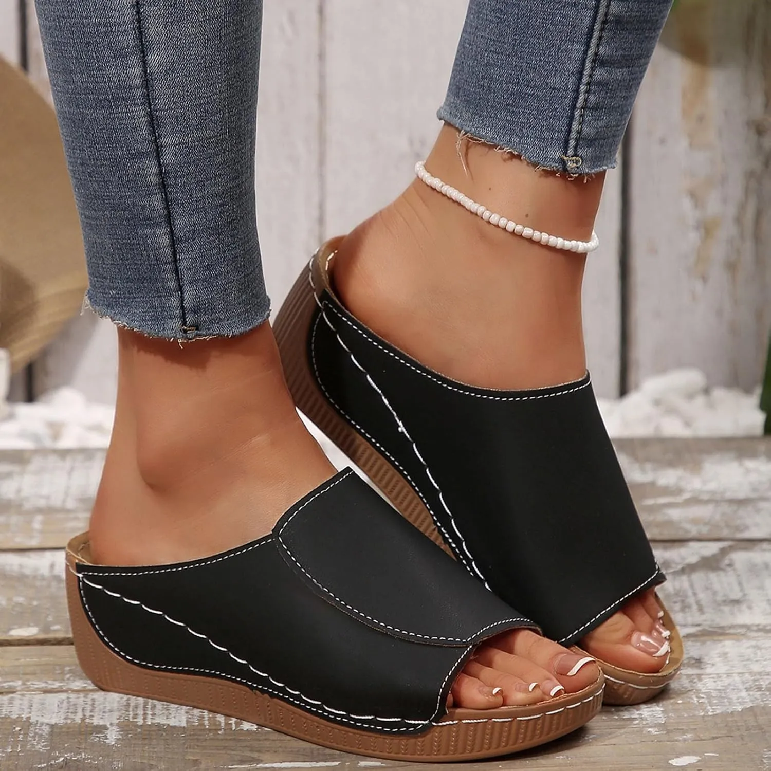 Orthopedic Sandals for Women Arch Support Comfortable Open Toe Leather Slippers Wedge Platform Sandal Wide Width Summer Slip On Shoes