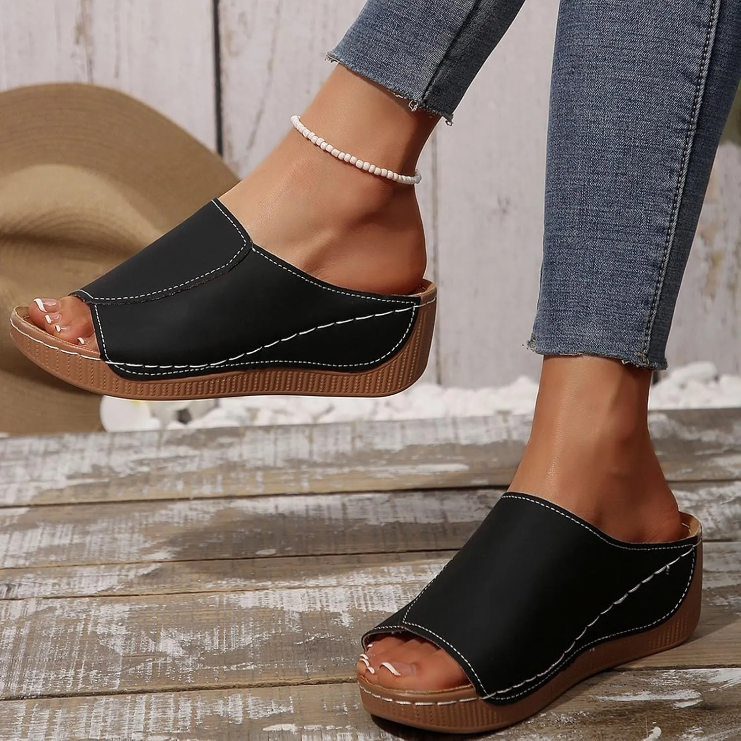 Orthopedic Sandals for Women Arch Support Comfortable Open Toe Leather Slippers Wedge Platform Sandal Wide Width Summer Slip On Shoes