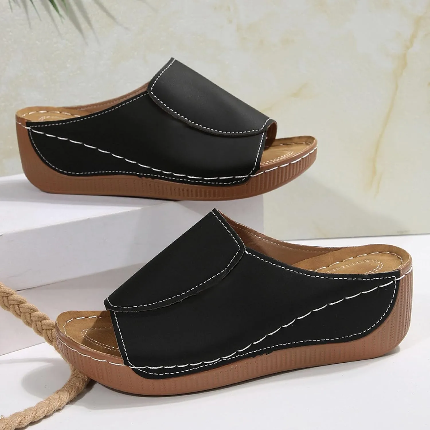 Orthopedic Sandals for Women Arch Support Comfortable Open Toe Leather Slippers Wedge Platform Sandal Wide Width Summer Slip On Shoes