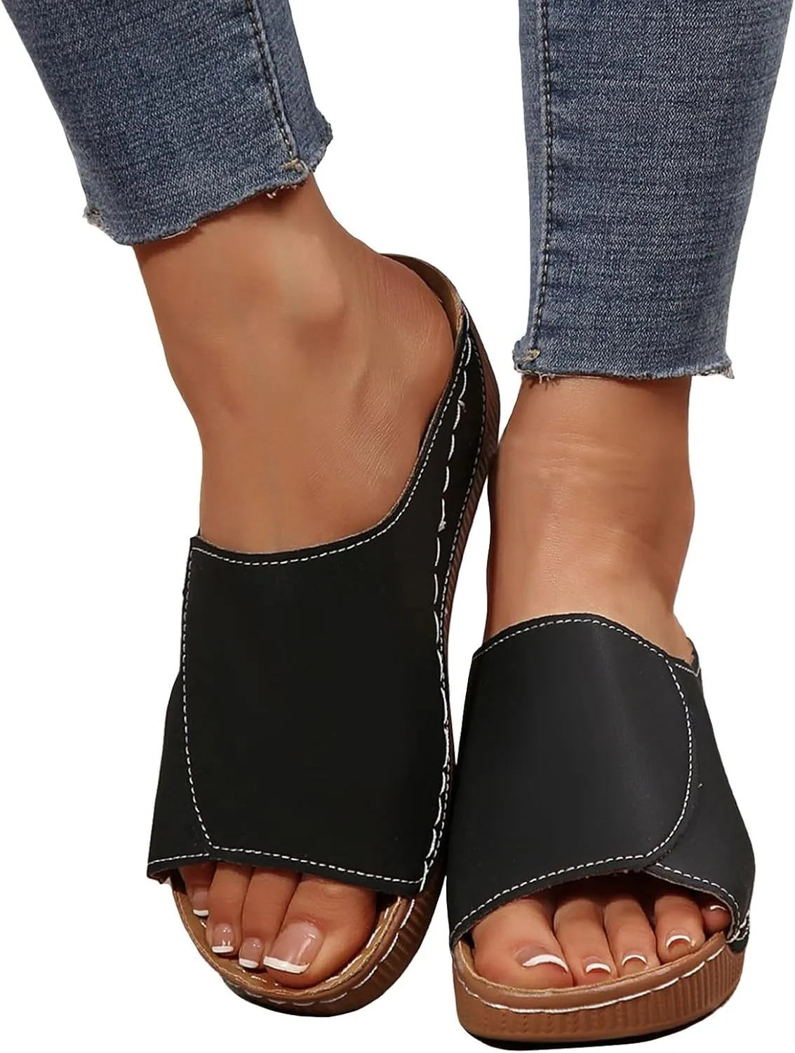 Orthopedic Sandals for Women Arch Support Comfortable Open Toe Leather Slippers Wedge Platform Sandal Wide Width Summer Slip On Shoes