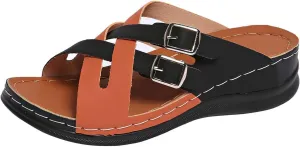 Orthopedic Sandals for Women Summer Comfortable Open Toe Crisscross Adjustable Straps Wedge Walking Shoes Casual Slip On Slippers Lightweight Dressy Low Heel Sandal with Arch Support