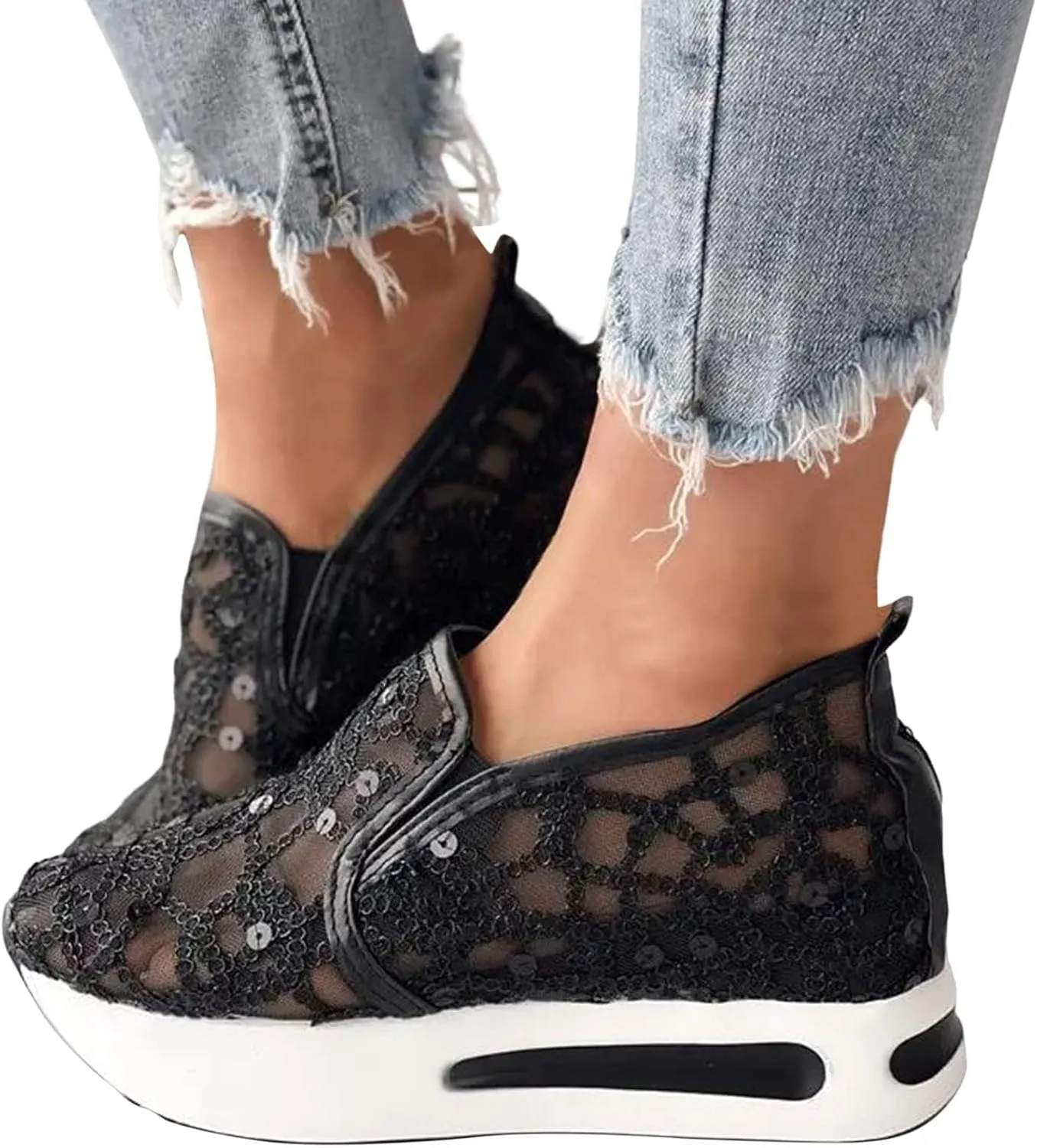 Platform Wedge Sneakers for Women Slip on Loafers Comfortable Thick Soft Shoes Arch Support Walking Work Shoes Breathable Sheer Mesh Lace Fashion Shoe Comfort Sneaker