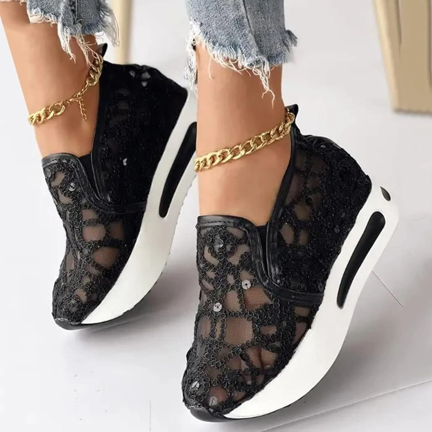 Platform Wedge Sneakers for Women Slip on Loafers Comfortable Thick Soft Shoes Arch Support Walking Work Shoes Breathable Sheer Mesh Lace Fashion Shoe Comfort Sneaker