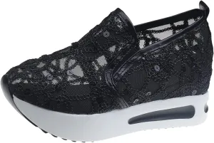 Platform Wedge Sneakers for Women Slip on Loafers Comfortable Thick Soft Shoes Arch Support Walking Work Shoes Breathable Sheer Mesh Lace Fashion Shoe Comfort Sneaker