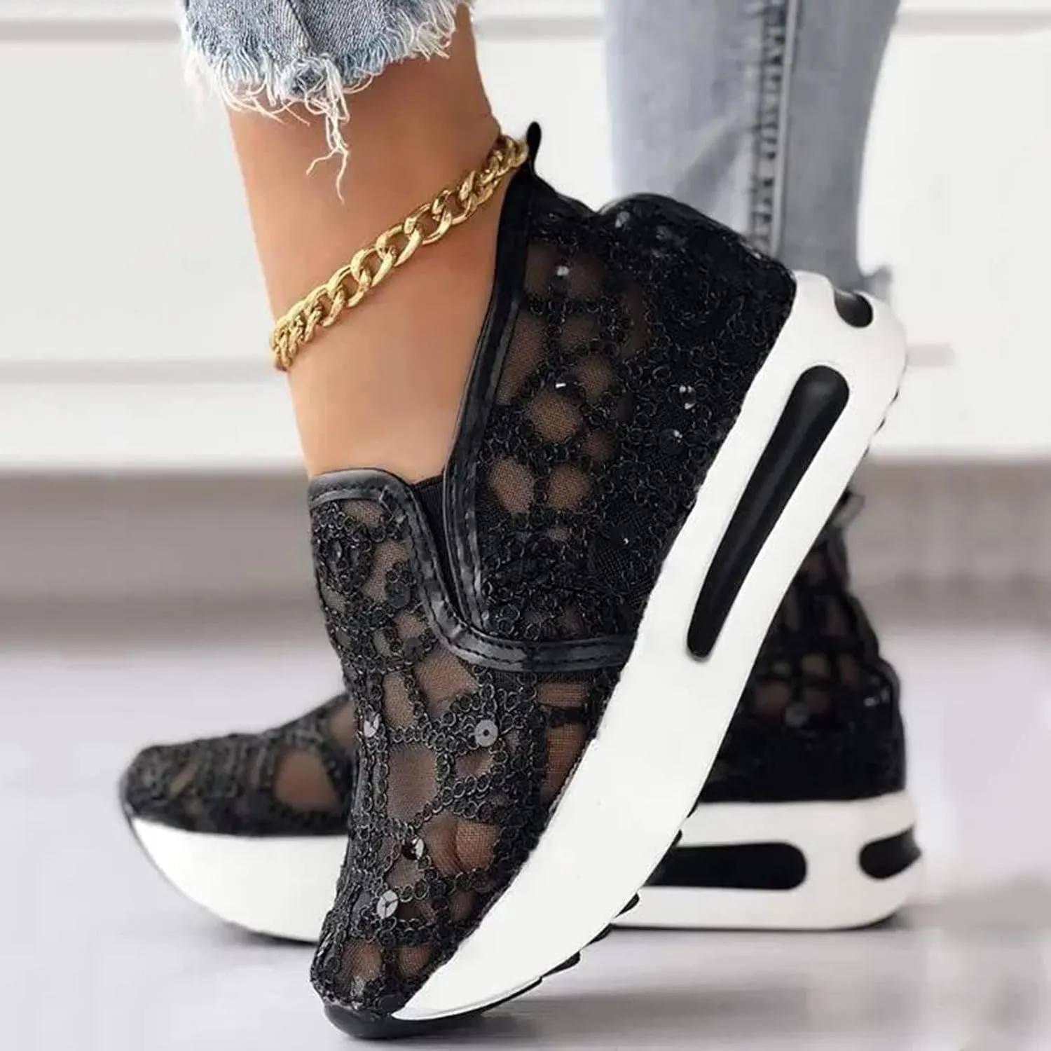 Platform Wedge Sneakers for Women Slip on Loafers Comfortable Thick Soft Shoes Arch Support Walking Work Shoes Breathable Sheer Mesh Lace Fashion Shoe Comfort Sneaker
