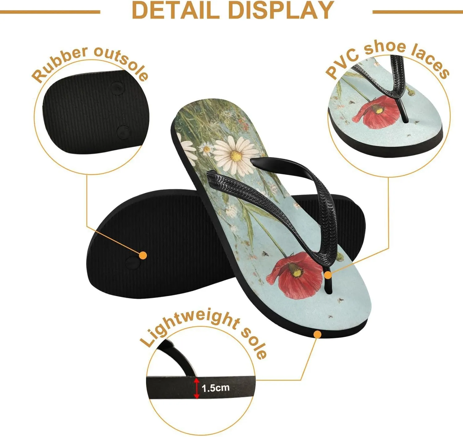 Retro Wildflowers Flip Flop Sandal Men's and Women's Summer Sandal | Beach & Water Shoes605